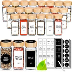 Churboro 24 Spice Jars with Labels & Bamboo Lids – 4 Oz Glass Containers with Shaker Lids, 547 Spice Labels of 3 Different Types Seasoning Jars for Spice Rack, Cabinet, or Drawer