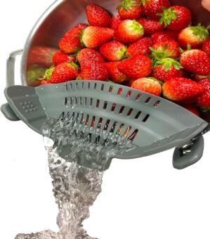 Clip-On Flexible Silicone Strainer for All Pots and Pans, Heat Resistant Colander for Vegetables and Fruit and Noodles and Pasta, Multi Use Kitchen Gadgets for Cooking, Space-Saving Design(Gray)