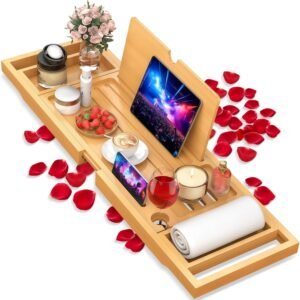 Premium Bamboo Bathtub Caddy Tray with Extending Sides, Adjustable Wood Bath Tray for Luxury Bath, Fits Most Tubs, Accessories Gift Idea