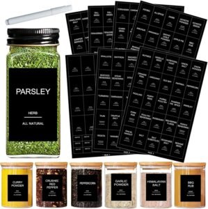 GPOVVIMX 191 Spice Jar Labels Preprinted Minimalist Stickers – Matte Black Waterproof Label – Fit Round or Rectangle Spice Jars – Herb Seasoning Kitchen Pantry Labels