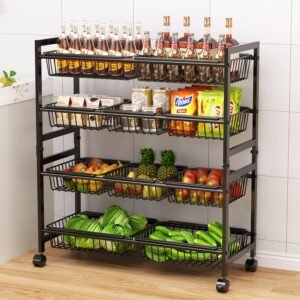 Cinati 4-Tier Snack Cart with Wheels, 29”W Toy Storage Organizer, Rolling Pantry Storage Cart with 10 Wire Baskets & Handle,Adjustable Metal Snack Rack, Kitchen Organizer for Fruit, Vegetables(Black)