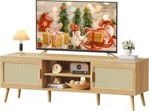 SUPERJARE Boho TV Stand for 65 Inch TV, Entertainment Center with Adjustable Shelf, Rattan TV Console with 2 Cabinets, Media Console, Solid Wood Feet, 4 Cord Holes, for Living Room – Natural