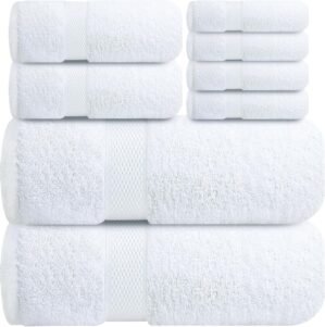 Infinitee Xclusives Luxury 100% Cotton Towel Set – 8 Piece Bathroom Towel Set (2 Bath Towels, 2 Hand Towels, 4 Washcloths) – Soft & Absorbent Towels for Bathroom (Brilliant White)