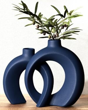 Blue Vase Set of 2 – Donut Navy Vases Home Decor, Modern Coastal Decor – Decorative Vase, Ceramic Decorations for Living Room Coffee Table Bookshelf Shelf Console Mantle (Matte Navy Blue)