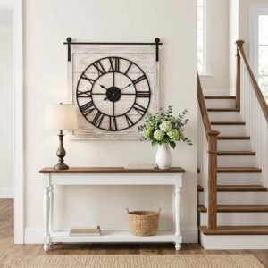 Vintage Barn Door Wall Clock – Distressed White Wash Finish, Large Rustic Farmhouse Wood Clock for Home, Wall and Farmhouse Décor, 24×23.6 Inches