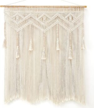 Mkono Macrame Wall Hanging Large Boho Decor Woven Wall Tapestry Chic Art Tassel Christmas Decoration for Backdrop over Bed Bedroom Nursery Dorm Classroom, Including Hanging Rod, 33”W x 42”H
