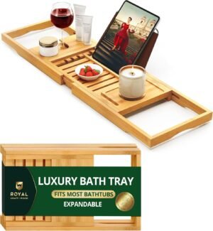 ROYAL CRAFT WOOD Premium Foldable Bathtub Tray Caddy – Wood Bath Tray for Tub, Bamboo Shelf, Expandable Bath Table Trays, Bathtub & Bathroom Accessories for New Home & Mothers, Birthday Gifts for Mom