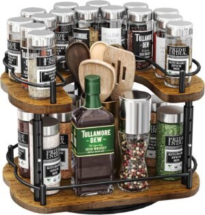 Lazy Susan Organizer Spice Rack – Spice Organization for Cabinet Height Adjustable Rotating Lazy Turntable, Pantry Kitchen Wood Revolving Seasoning Organizer (Vintage, 12 Inch)