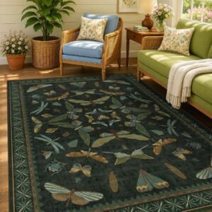 Dark Green Area Rugs 5×7 for Living Room – Fairy Fantasy Moss Rugs for Dining Room Table, Bedroom, Whimsical Insect Boho Moth Décor, Washable Non Skid Soft Carpet