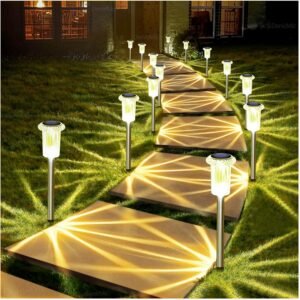 DenicMic Solar Lights Outdoor 15 Pack Waterproof 3000K Warm White LED Stainless Steel Stake Outside Lights for Yard Pathway Garden Driveway Walkway Landscape Path Lighting