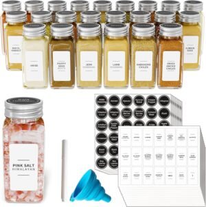 SpaceAid 24 Pcs Spice Jars with Labels, Empty 4oz Glass Spice Bottles, Minimalist Farmhouse Spice Labels Stickers with Funnel, Seasoning Containers for Spice Rack, Cabinet and Drawer