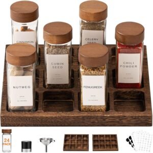 Yangbaga Glass Spice Containers for Kitchen: 24p 4oz Durable Glass Dishwasher Safe Jars w/2p Rack for Cooking Enthusiasts- Airtight Acacia lid 500X Open-Close no Loose – Gift/Daily Use for Housewives