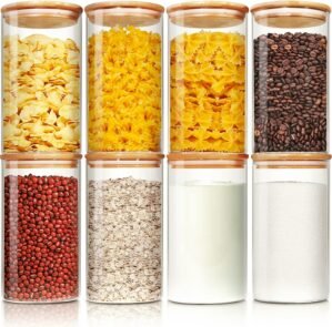 HomArtist Glass Jars with Bamboo Lids 28 floz [Set of 8], Glass Canisters with Airtight Lids, Glass Food Storage Containers for Pasta, Oats, Coffee, Flour, Sugar, Rice, Best for Kitchen & Pantry