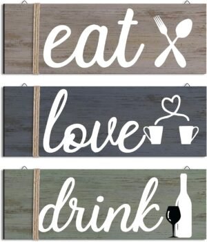 Jetec 3 Pcs Farmhouse Kitchen Wall Decor Rustic Wooden Home Eat Drink Love Sign with Hanging Hole for Home Dining Living Room Bar Cafe Decor(Soft Color)