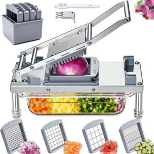 Stainless Steel Vegetable Chopper with 4 Blades – Pro Food Chopper with Container – Veggie Salad Onion Chopper – Potato Dicer – Tomato Cutter