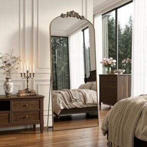 Antok Arched Full Length Mirror, 65″x24″ Floor Mirror with Carved, Full Body Mirrors for HomeDecor, Standing/Halling Large Wall Mirror for Bedroom, Living Room, Cloakroom, Bronze, Vintage Style