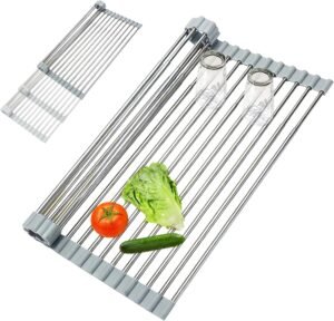 Expandable Roll-UP Dish Drying Rack-Large 304 Stainless Steel Dish Drainer Over The Sink for Kitchen Countertop,Extendable & Rollable & Food Grade (Silver,22.08’x 13.2′)