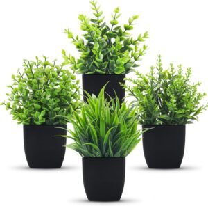 Der Rose 4 Packs Fake Plants Small Artificial Mini Faux Plants for Bathroom Home Office Shelf Black Decor Indoor