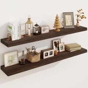 Solid Wood Floating Shelves for Wall 48″W x 8″D x 1.56″H Set of 2, Deep Wall Shelves for Living Room Bedroom Bathroom Kitchen Decor Storage with Invisible Heavy-Duty Metal Bracket, Rustic Brown