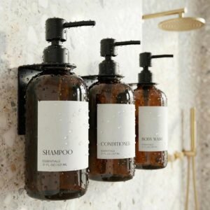 Stylish Shampoo and Conditioner Dispenser Set of 3 for Wall Mount – Modern Drill Free 21oz Shower Soap Bottles with Labels – Easy Refill Body Wash Dispensers for an Instant Bathroom Decor Upgrade