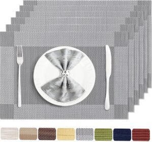Table Placemats Set of 6 Washable&Wipeable Silver Table Placemats for Dining Table Kitchen Indoor Outdoor Table Mats Heat Resistant Non Slip Woven Vinyl Table Placemats (Grey，6PCS)