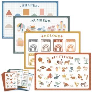 Babebay Disposable Placemats for Baby, 40 Pack Sticky Toddler Placemat for Restaurants, Dining Table, Party, Travel, 12″ x 18″ with 4 Designs
