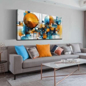 ENTANUB Abstract Canvas Wall Art for Living Room, Circle Wall Decor for Bedroom, Orange and Blue Canvas Print Paintings Artwork, Size 24×48 Inches
