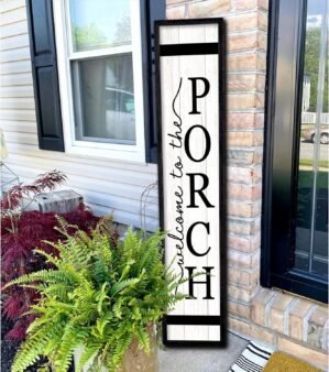 Surfapans Welcome To The Porch Sign For Front Porch Standing 45″X9″ Wood Frame Large Rustic Farmhouse Outdoor Tall Board Welcome Sign Modern Home Outside Front Door Vertical Wall Decor (Black)