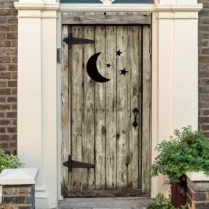 arricraft 1 Pc Western Party Polyester Door Cover, Moon Star Outhouse Barn Wooden Door Pattern Backdrop Banner Porch Background for Indoor Outdoor Porch Home Decor Accessories,72.8 inch X 35.4inch