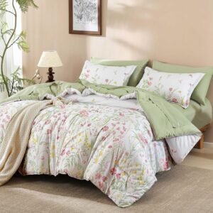 Yiran 7 Piece Sage Green Floral Comforter Set Queen Size, Cute Botanical Comforters Cottagecore Flower Bed in a Bag Soft Complete Farmhouse Bedding Set with Sheets for All Season