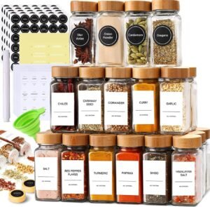 24-Piece Spice Jars Set by Le’raze: Glass Jars with Bamboo Lids, Labels & Funnel, Airtight Kitchen Storage
