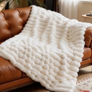 VFROO Faux Fur Throw Blanket for Couch,Cozy Soft Plush Thick Striped Luxury Blanket for Sofa Living Room Bedroom,50 * 60 Inches, White