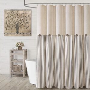 Farmhouse Shower Curtain Linen Beige Button Woven Fabric Country Rustic Western, Pleated Brown Stripe 72″ W x 72″ L