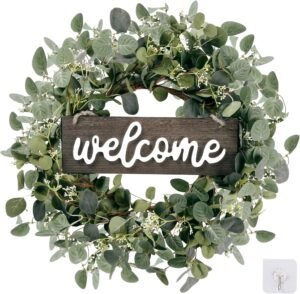 Sggvecsy Green Eucalyptus Leaf Wreath with Welcome Sign 20in Artificial Eucalyptus Wreath Spring Summer Wreath for Front Door Wall Window Farmhouse Festival Porch Patio Garden Decor