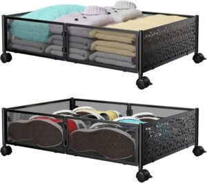 Under Bed Storage Containers with Wheels, Under Bed Shoe Storage Organizer Drawer, Tool-free Assembly Metal Storage Containers for Bedroom Clothes Shoes Blankets -2PCK