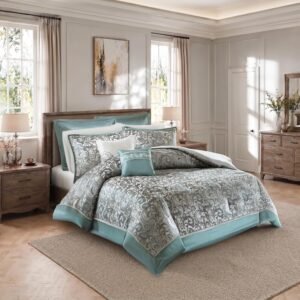 Luxury Jacquard Comforter Set 8-Piece King Size Bedding Set, Elegant Damask Design with Bed Skirt & Decorative Pillows, All Season Comfort, Teal