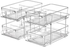2 Set, 2 Tier Clear Organizer with Dividers for Cabinet, Shlef, Counter – MultiUse Slide-Out Storage Container – Kitchen, Pantry, Medicine Cupboard Bins, Bathroom, Vanity Makeup, Under Sink Organizing
