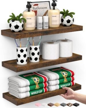 BAYKA Bathroom Floating Shelves for Wall Set of 3 – Rustic Brown Farmhouse Wood Shelves Over Toilet for Bedroom, Kitchen, or Living Room Decor Display, Storage for Plants, Toilet Paper or Bath Towels