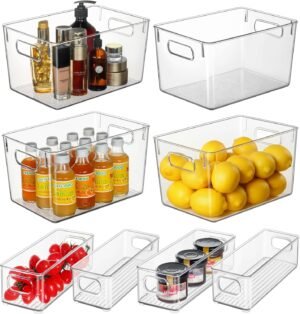 Hudgan Set of 8 Clear Plastic Storage Bins 4 Large and 4 Small Stackable Storage Containers for Pantry Organizers and Kitchen Storage, Cabinet, Freezer, Under Sink Organization