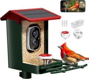 Smart Bird Feeder with Camera Solar Powered, 2K HD Video, AI Bird Species Identification, Instant Arrival Alerts, Weatherproof Design for Effortless Birdwatching, Gift for Fathers Day, Red