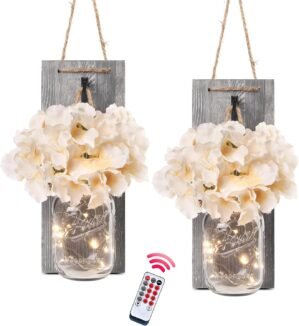 Rustic Mason Jar Sconces Wall Decor, Grey, Set of 2 | Hanging Wooden Wall Art, LED String Lights, Remote Timer, Vintage Farmhouse Decoration