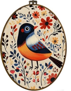 dvhdajed Norwegian Folk Bird Floral Oval Wall Art Decor, Scandinavian Bird Botanical Framed Canvas Art, Vintage Mid Century Nordic Floral Hanging Decor for Gallery Bedroom Bathroom, 8.7×11.3