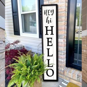 Surfapans Hey Hi Hello Welcome Sign For Front Porch Standing 45″X9″ Large Outdoor Tall Wood Frame Vertical Wall Decor Rustic Farmhouse Outside Home Modern Front Door Board Decoration (Black)