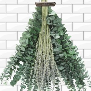 Mixed Dried Eucalyptus Stems with Lavender Flowers Bundle for Shower, 17” Natural Eucalyptus Leaves Branches Hanging Shower Plant for SPA Home Fragrance Bathroom Table Vase Decor, 2 Pack