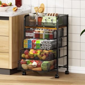 5-Tier Rolling Kitchen Cart with Drawers – Kitchen Storage Cart on Wheels,Pantry Snack Cart,Fruit and Vegetable Storage Cart with Wood Top,Rolling Utility Cart for Potato and Onion Storage