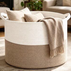 Large Woven Blanket Basket,65L Cotton Rope Laundry Basket Hamper with Handles, Decorative Nursery Basket Storage Bin for Toys, Clothes Organizer, Living Room, Bedroom, Bathroom, White & Brown