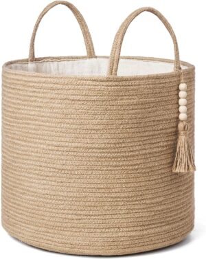 Mkono Woven Storage Basket Decorative Natural Rope Basket Wooden Bead Decoration for Blankets,Toys,Clothes,Shoes,Plant Organizer Bin with Handles Living Room Home Decor, Jute, 16″ W × 13.8″L