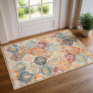 Lahome Moroccan Trellis Washable Rug, 2×3 Kitchen Rugs for Entryway Bathroom, Non-Slip Indoor Door Mat Ultra-Thin, Small Oriental Throw Carpet for Bedroom Entry Elise, Cream/Multi