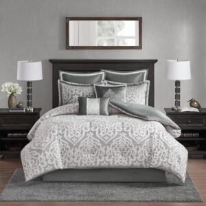 Madison Park Odette Cozy Comforter Set Jacquard Damask Medallion Design – Modern All Season, Down Alternative Bedding, Shams, Decorative Pillows, King(104 in x 92 in), Silver 8 Piece