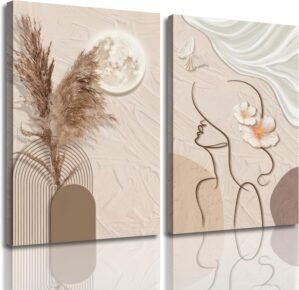 TJRRKYHY 2 Pcs Modern Boho Abstract Canvas Wall Art Beige Minimalist Woman Line Art Decor Neutral Geometry Prints for Living Room Bedroom Bathroom Home Decor (12x16in canvas)